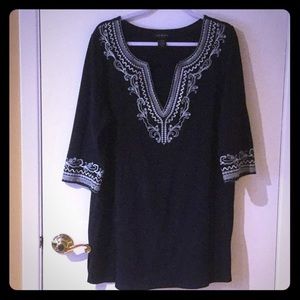 Lane Bryant black tunic with white embroidery.
